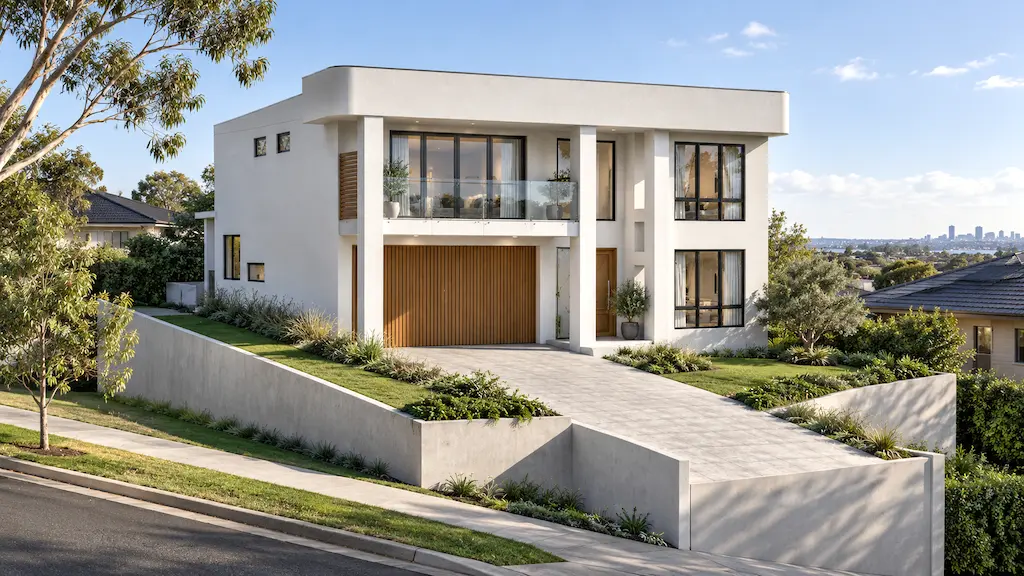 Photorealistic exterior rendering of a contemporary two-storey five-bedroom house in Eastwood
